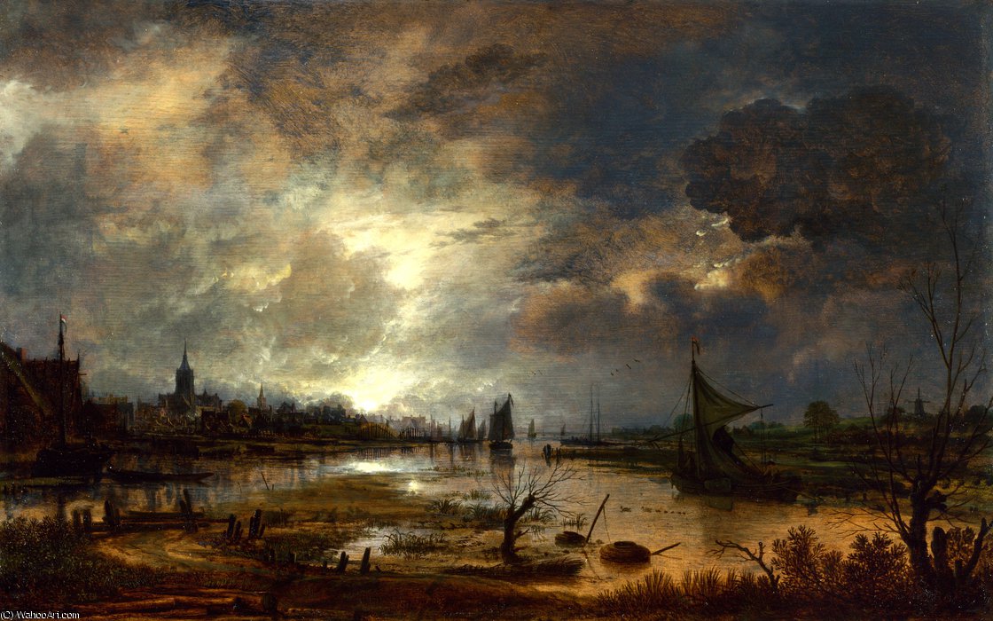 A River Near A Town, By Moonlight — Aert Van Der Neer