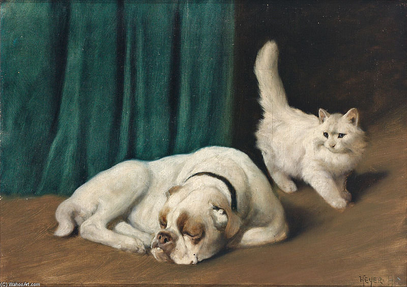 Resting Bulldog And White Persian — Arthur Heyer