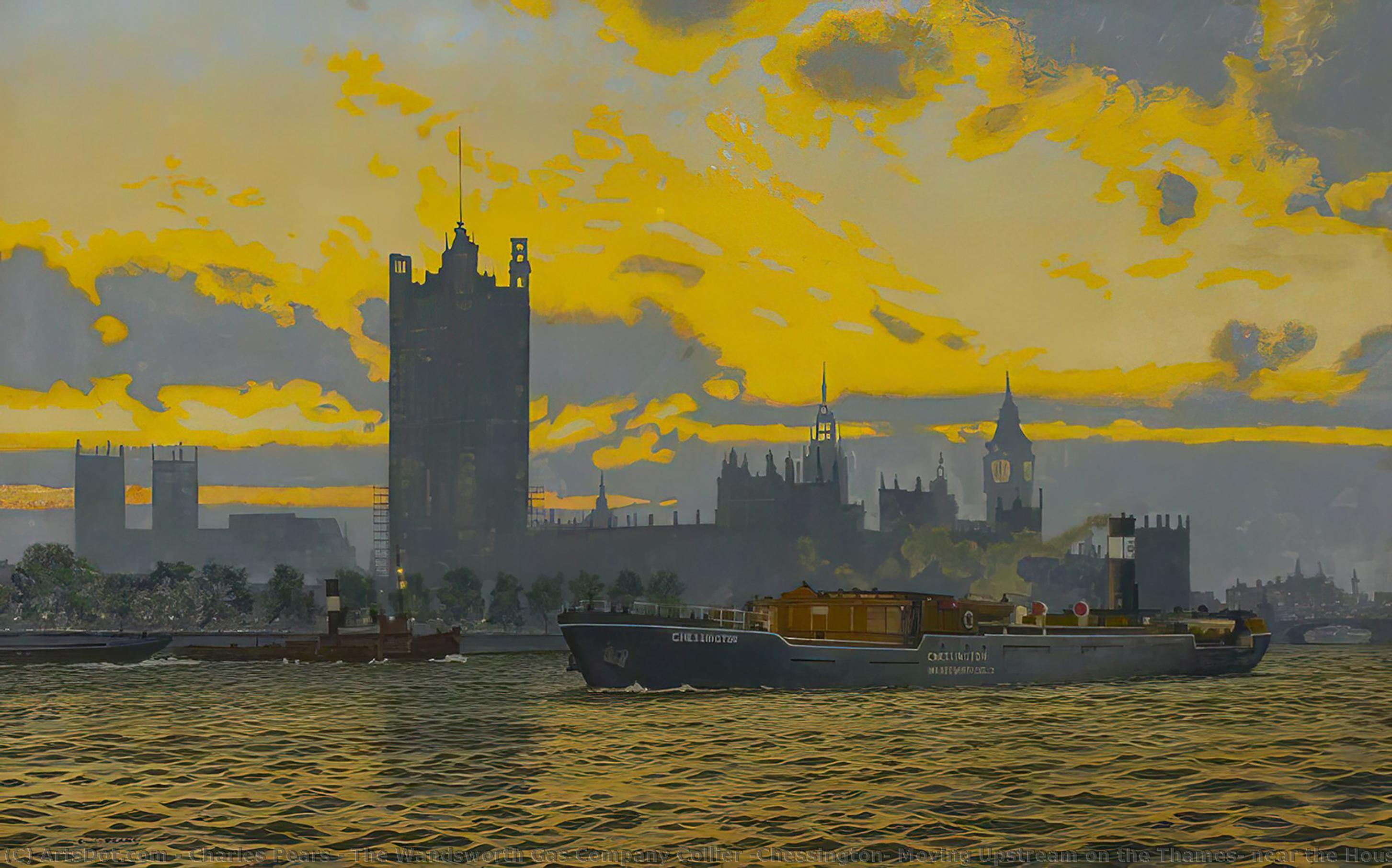 The Wandsworth Gas Company Collier 'chessington' Moving Upstream On The Thames, Near The Houses Of Parliament, C.1948 — Charles Pears