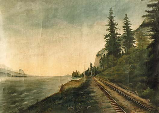 Railroad Along Columbia River, (painting) — Flora A Morgensen