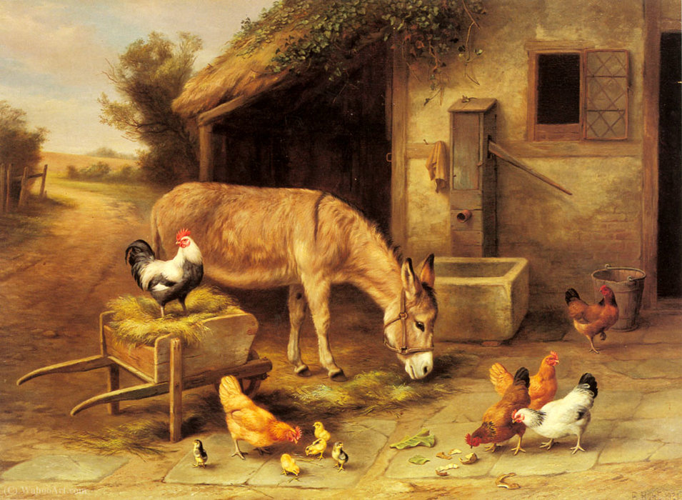 A Donkey And Chickens Outside A Stable — Edgar Hunt
