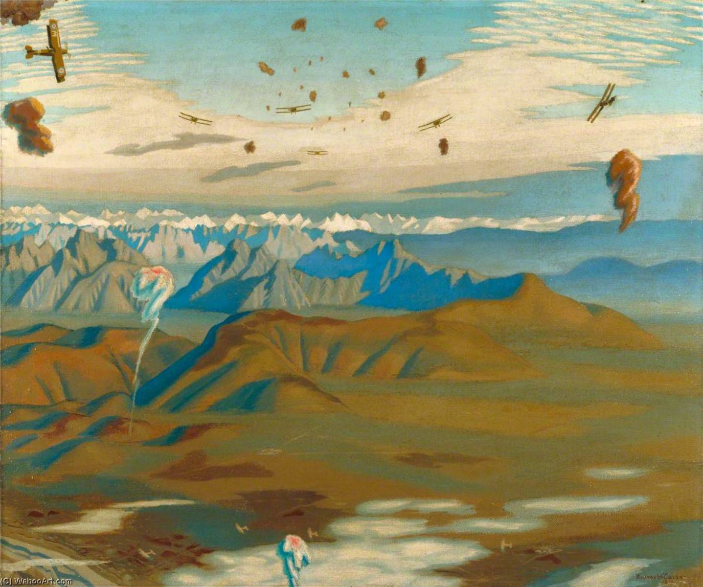 Among The Anti Aircraft Bursts At 20,000 Feet Above The Alps A British Air Squadron Crossing The Anglo Austrian Line Along The River Piave, Italy — Sydney William Carline
