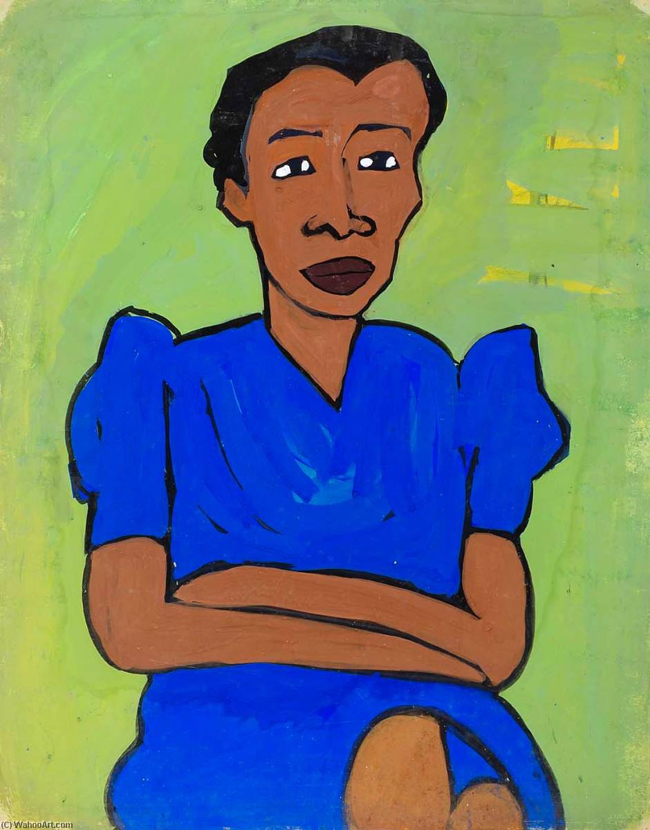 Seated Woman In Blue Dress With Arms Crossed — William H. Johnson