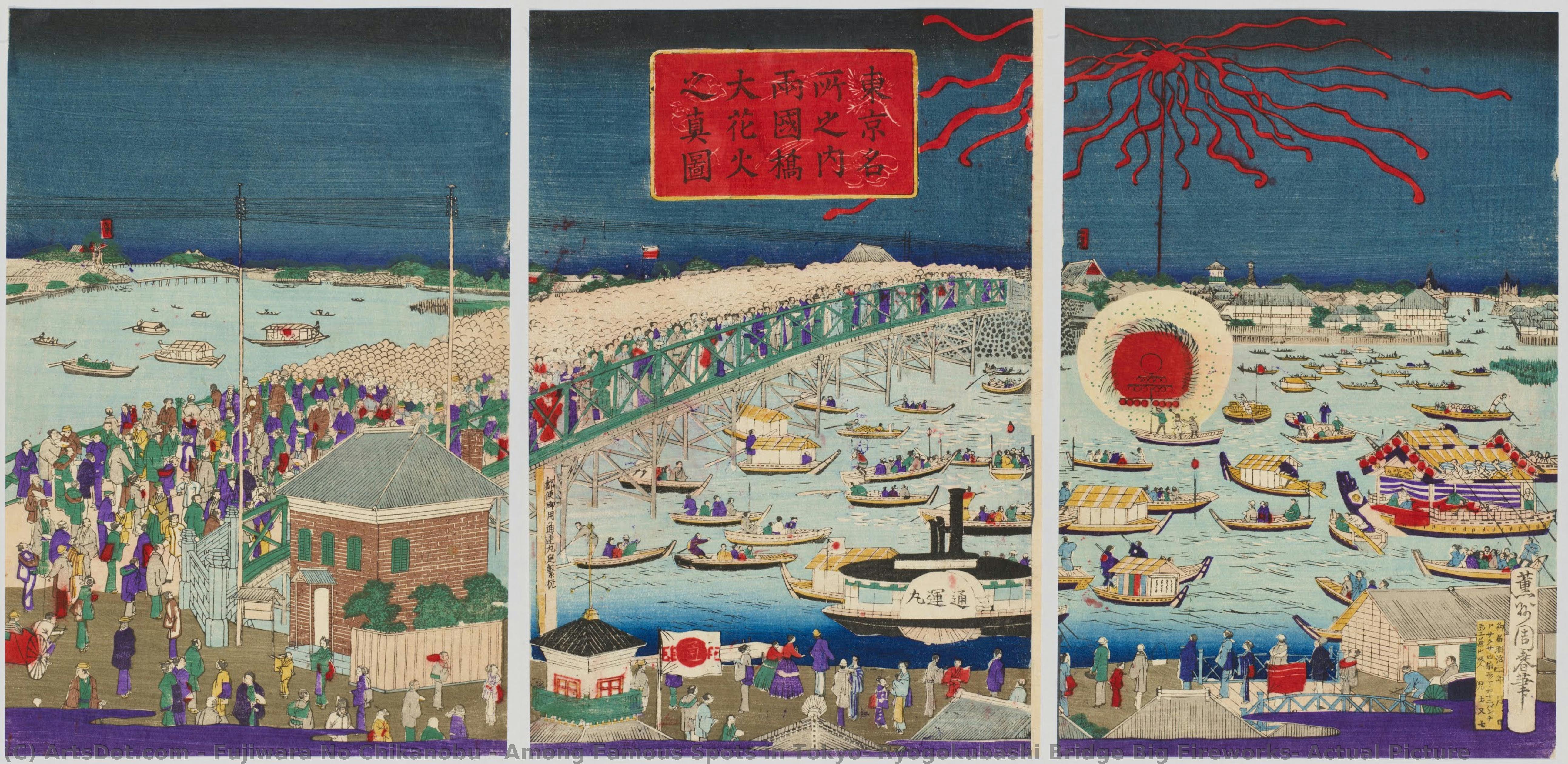 Among Famous Spots In Tokyo: Ryogokubashi Bridge Big Fireworks, Actual Picture — Fujiwara No Chikanobu
