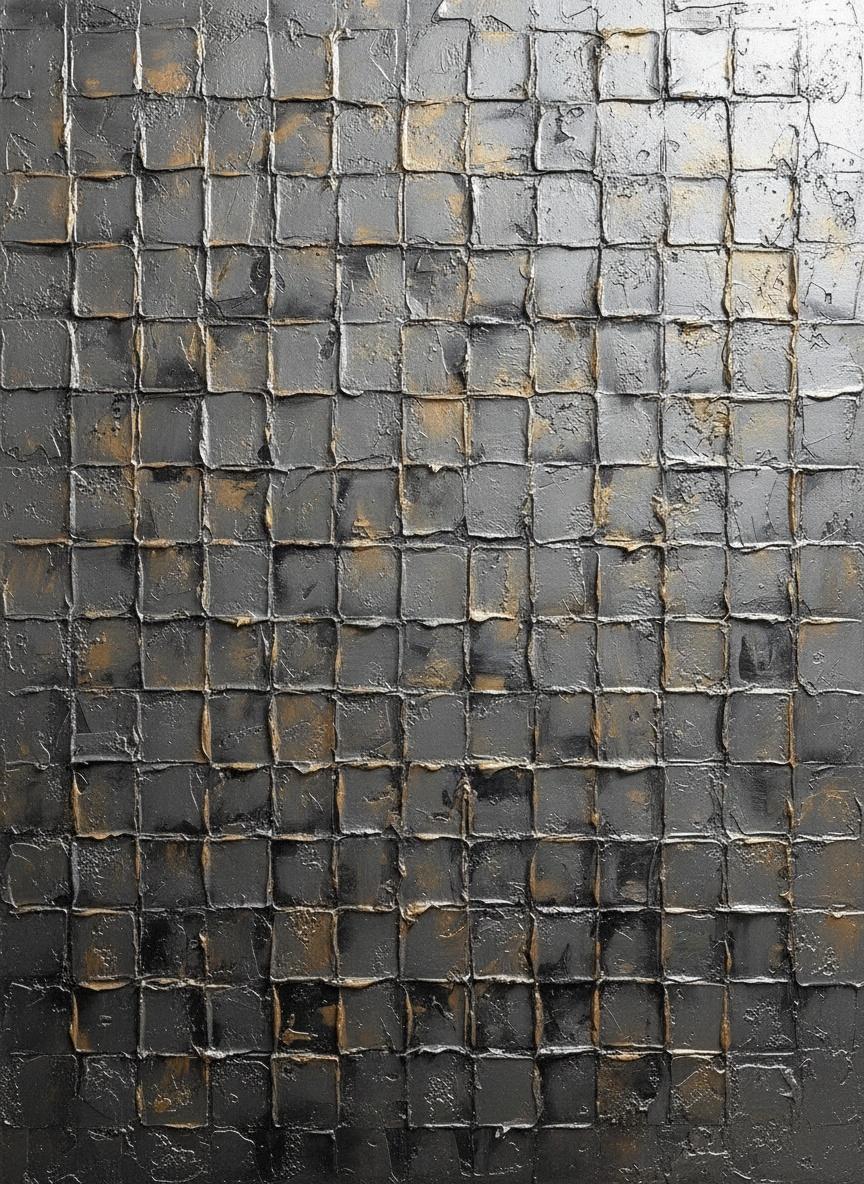 Monolithic Shadows: A Sculptural Study In Charcoal Relief And Metallic Grids — David Moreau