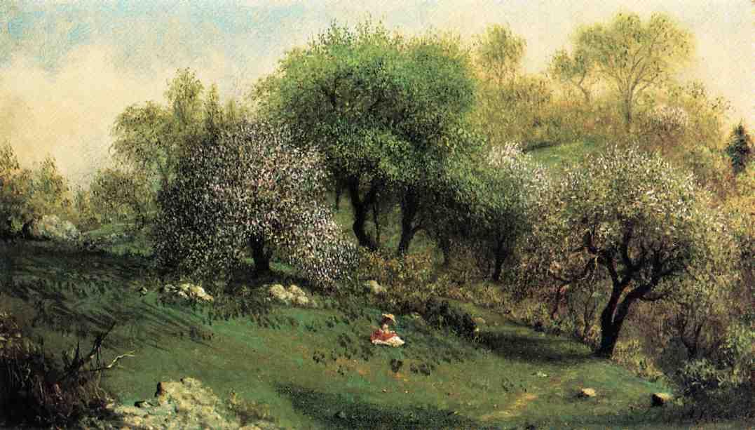 Girl On A Hillside, Apple Blossoms — Martin Johnson Heade