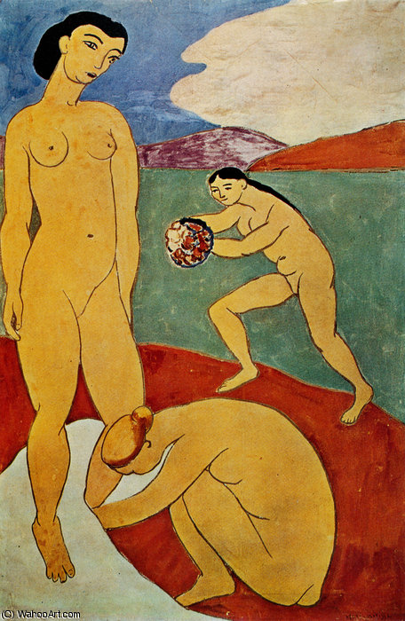 マティス『ルクスii』（copenhagen Museum For Kunst 版）は、大胆な色彩とダイナミックな筆致を特徴とする野獣派の代表作です。赤い風景の中に描かれた三人の女性たちは、喜びや贅沢といったテーマを象徴しており、伝統的な美術様式からの逸脱を意味する大胆な色使いが印象的です。この作品は、マティスの卓越した技術と芸術的ビジョンを示すとともに、20世紀美術に与えた影響の大きさを物語っています。 — マティス