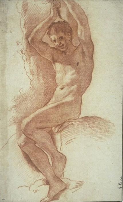Naked Man, Seated, With Arms Raised — Pietro Da Cortona