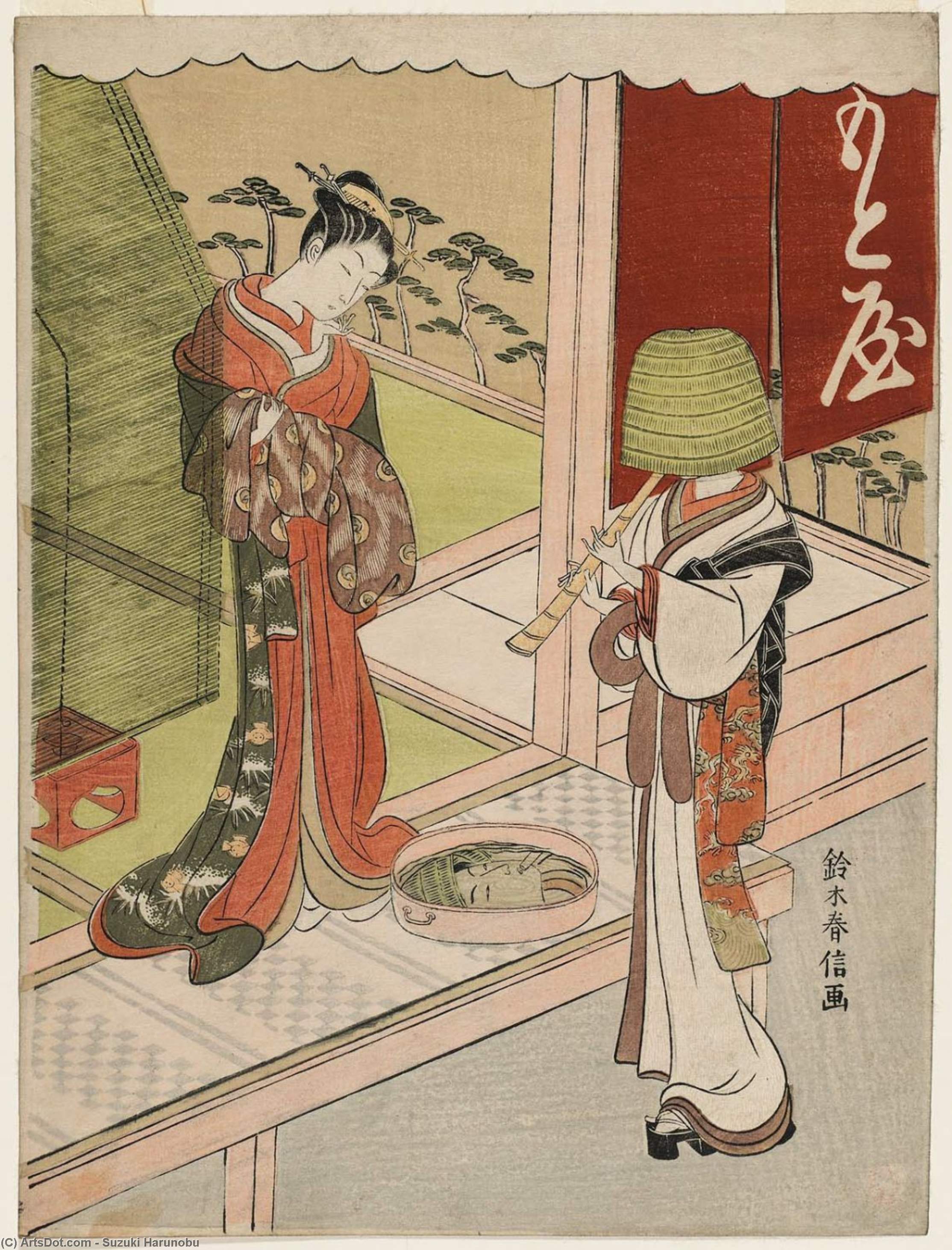 Courtesan Of The Motoya Looking At The Face Of A Komusô Reflected In Water — Suzuki Harunobu