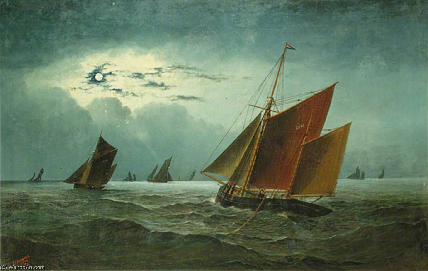 Seascape, Fishing Boats By Moonlight — George Vemply Burwood