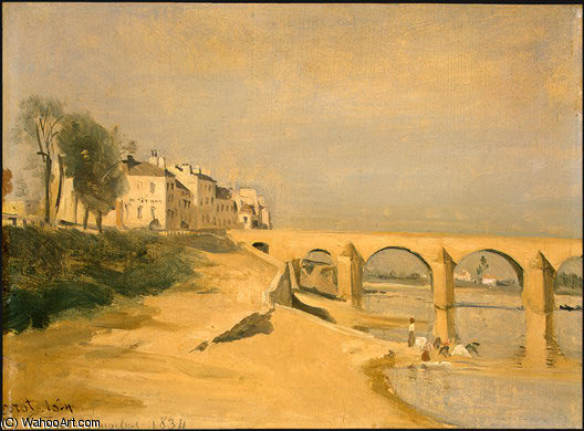 River Scene With Bridge — Jean-baptiste-camille Corot