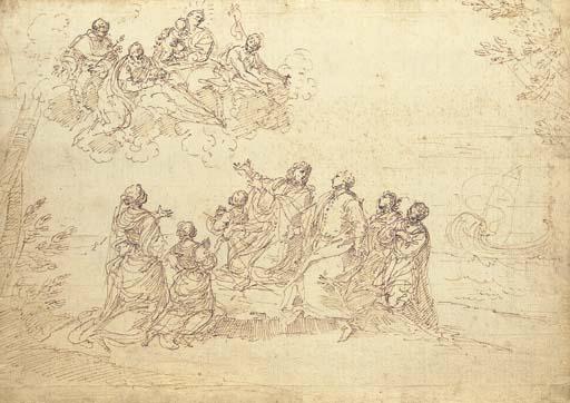 A Patrician Family Kneeling On A Seashore Experiencing A Vision Of The Madonna And Child And Saint Dominic, Saint John The Baptist And Another Saint — Donato Creti