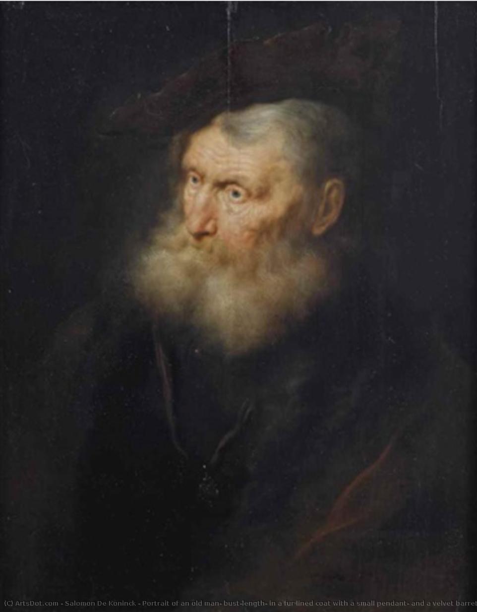 Portrait Of An Old Man, Bust-length, In A Fur Lined Coat With A Small Pendant, And A Velvet Barrett — Salomon De Koninck