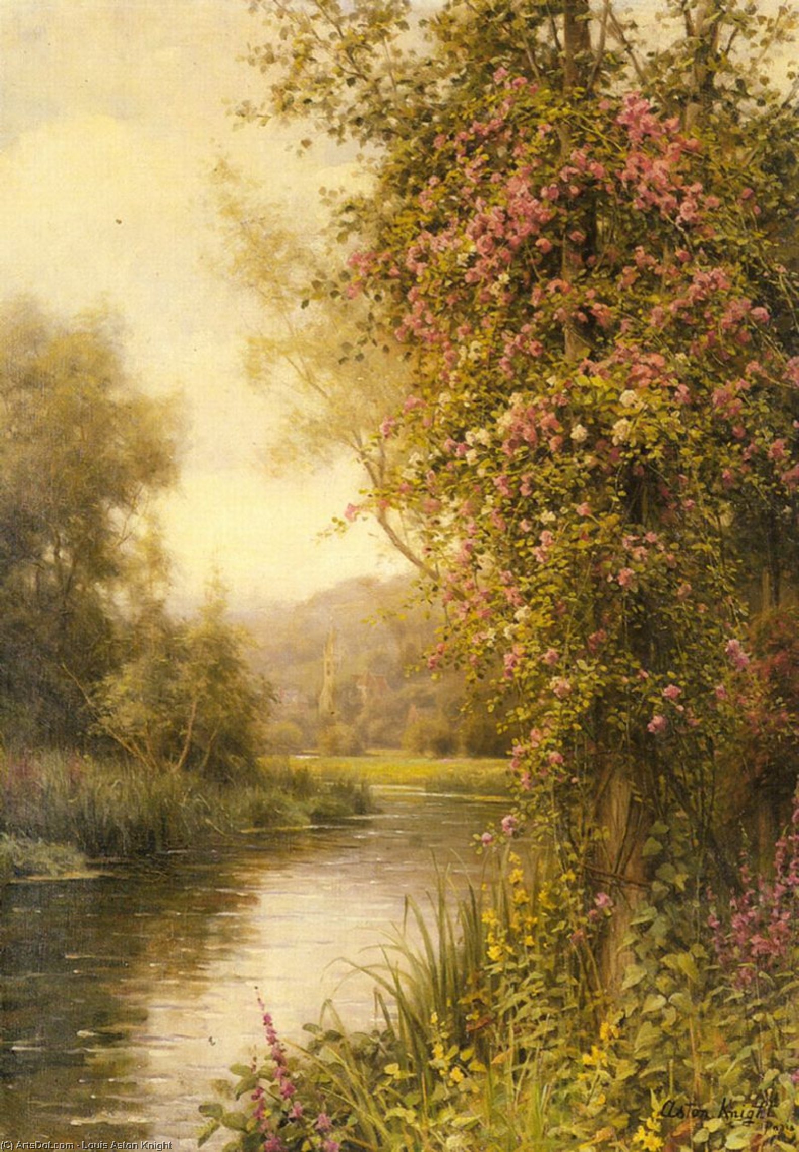 A Flowering Vine Along A Winding Stream With A Country Church Beyond — Louis Aston Knight