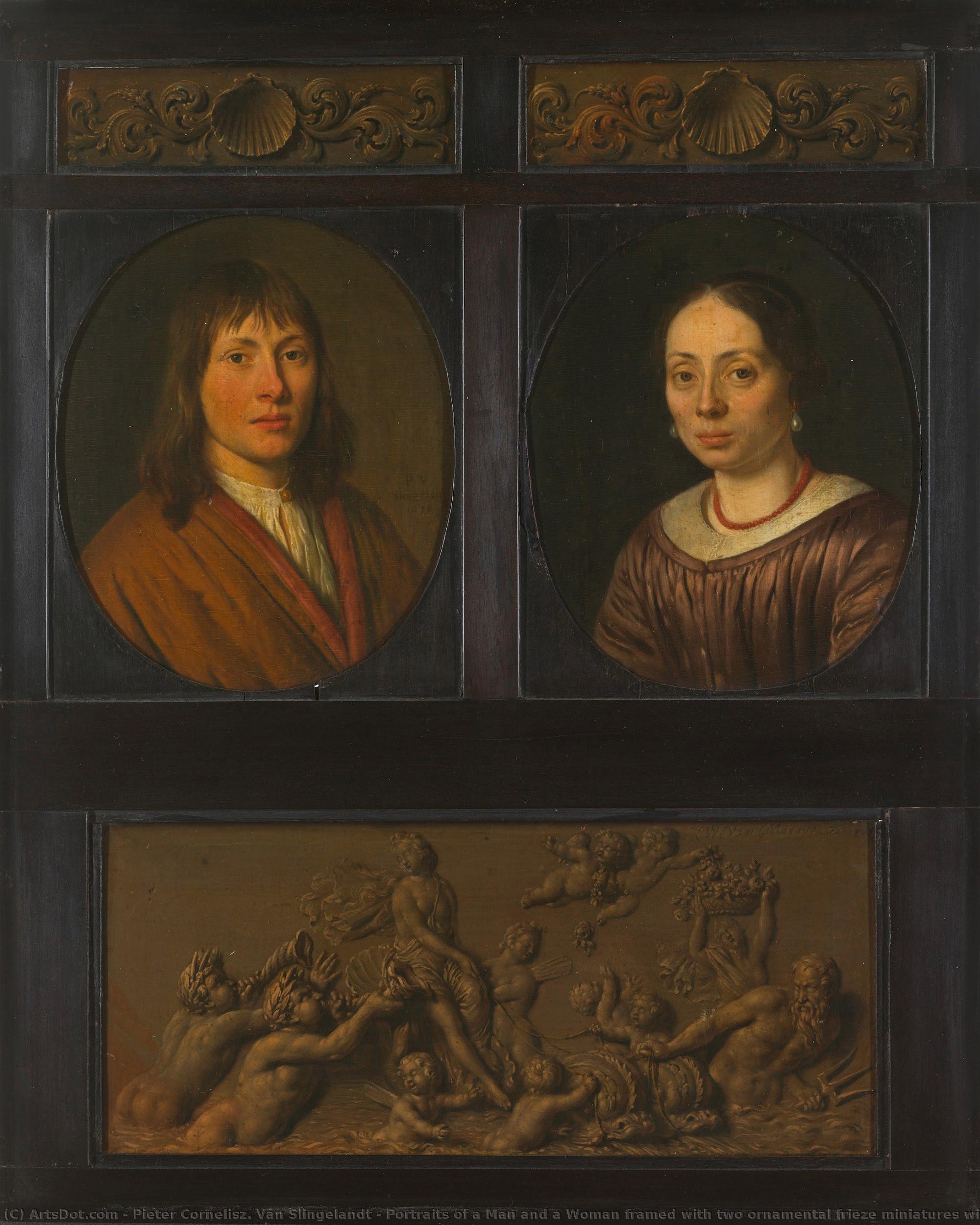 Portraits Of A Man And A Woman Framed With Two Ornamental Frieze Miniatures With Shell Motif And A Triumph Of Amphitrite, Pieter Cornelisz. Van Slingelandt, 1678 - 1705 — Pieter Cornelisz. Van Slingelandt