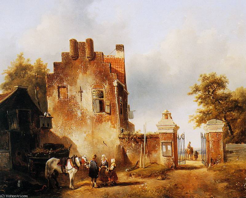 Villagers And Horse At Tollgate Sun — Charles Henri Joseph Leickert