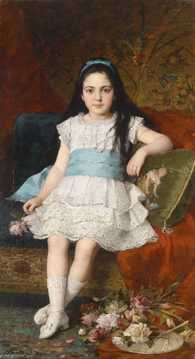 Portrait Of A Girl In A White Dress With Blue Sash And Roses — György Vastagh