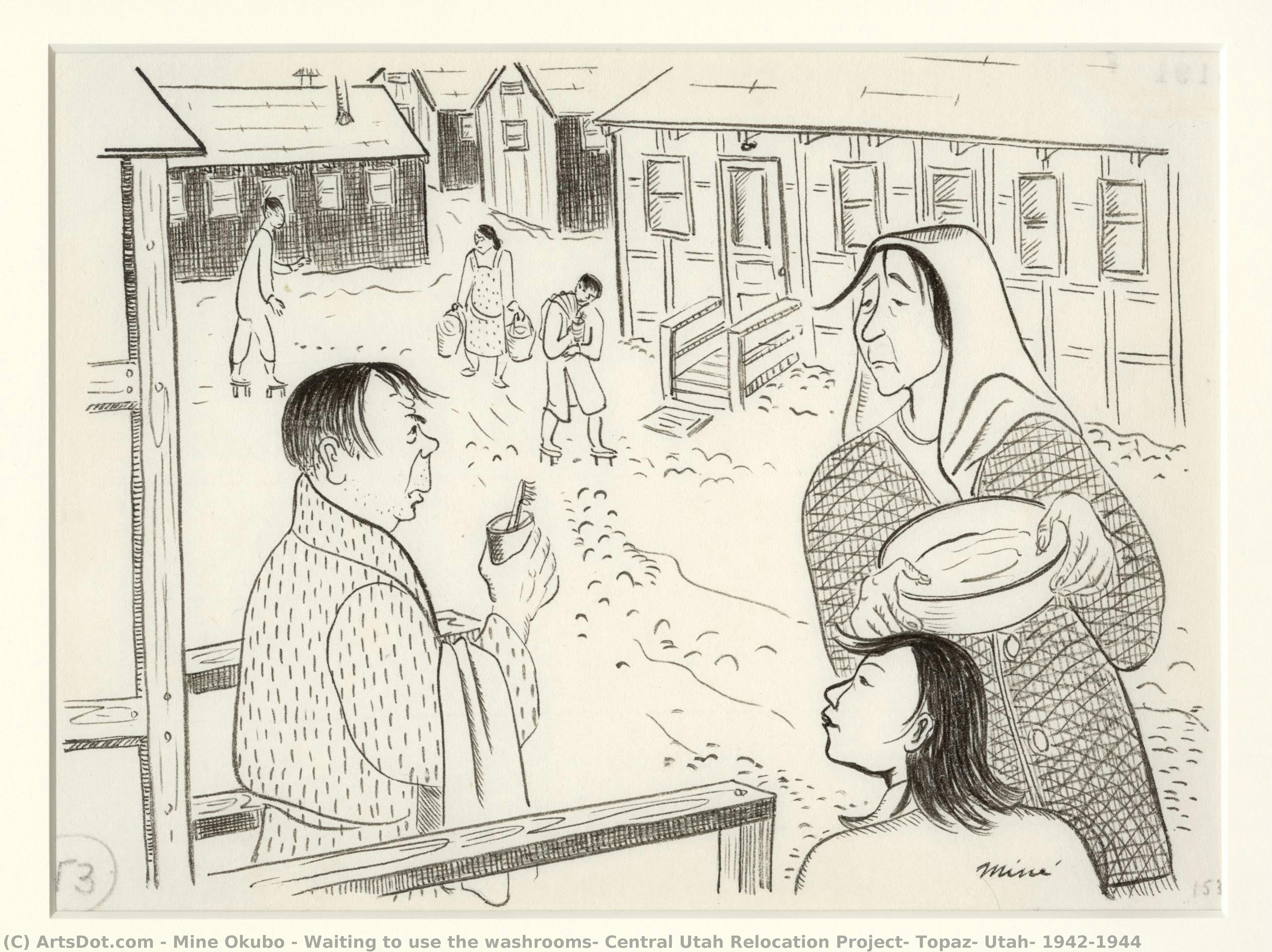 Waiting To Use The Washrooms, Central Utah Relocation Project, Topaz, Utah, 1942-1944 — Miné Okubo