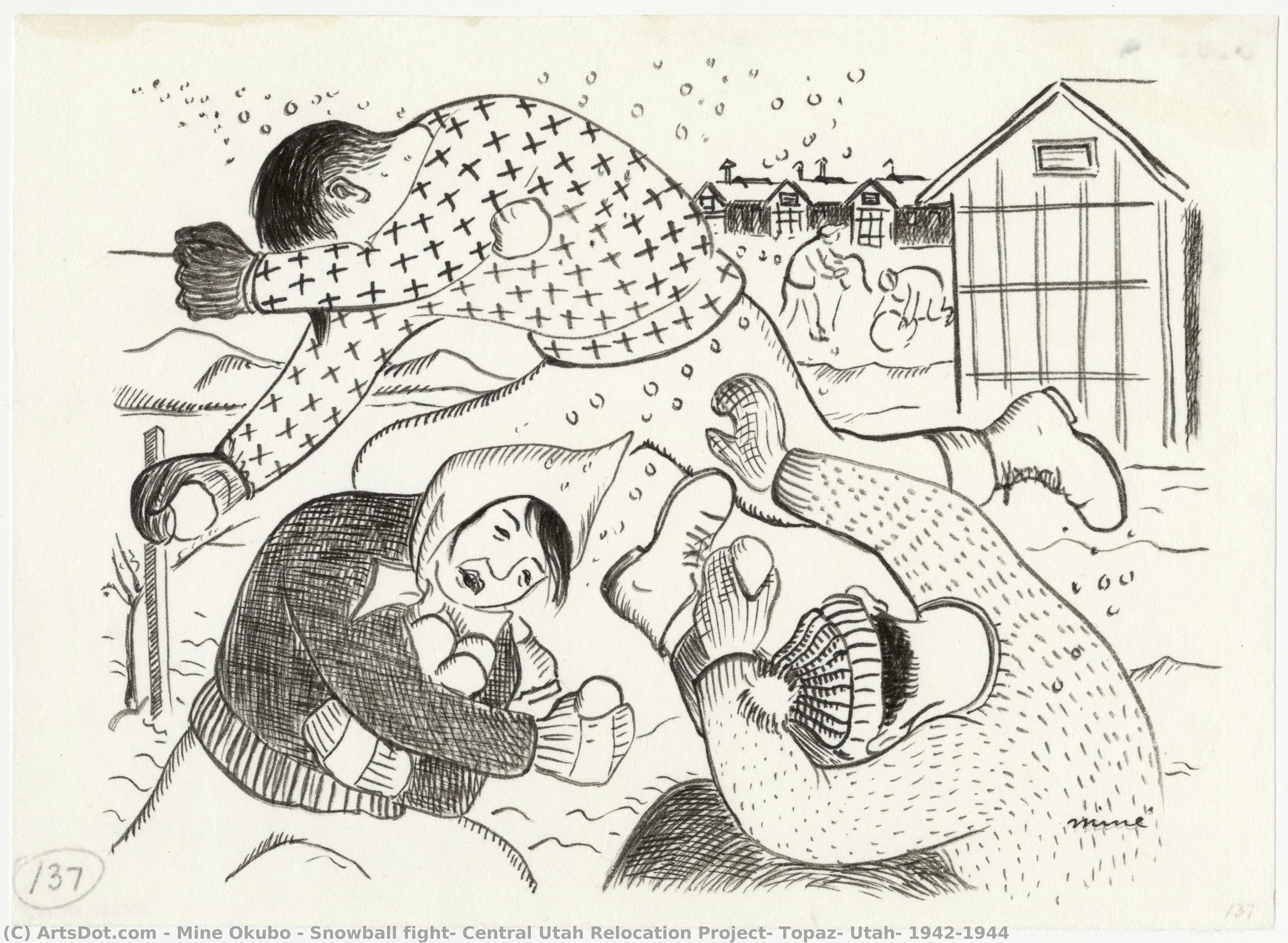 Snowball Fight, Central Utah Relocation Project, Topaz, Utah, 1942-1944 — Miné Okubo