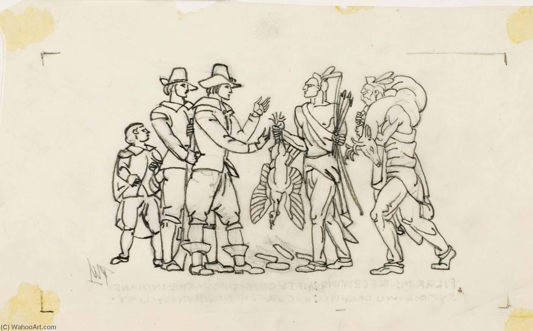 Pilgrims Receiving Gifts Of Food From The Indians Symbol And Origin Of Our Thanksgiving Way — Paul Manship
