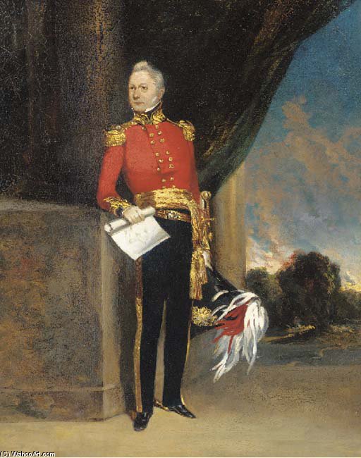 Portrait Of An Officer, Small Full-length, In Uniform, Holding The Plan To A Fort, A Landscape Beyond — George Chinnery