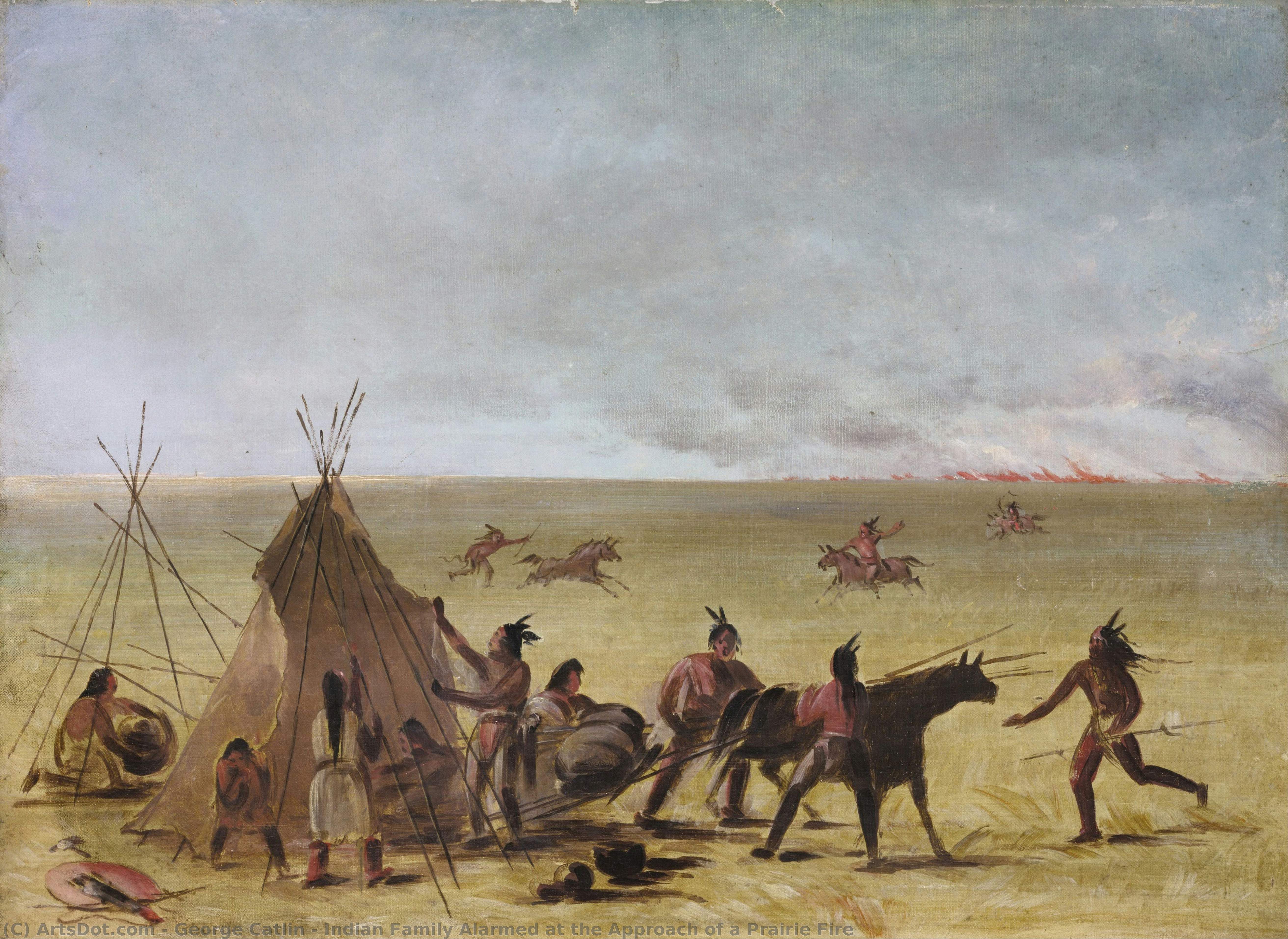 Indigene Familie Alarmiert Durch Das Herannahen Eines Präriefeuers — George Catlin