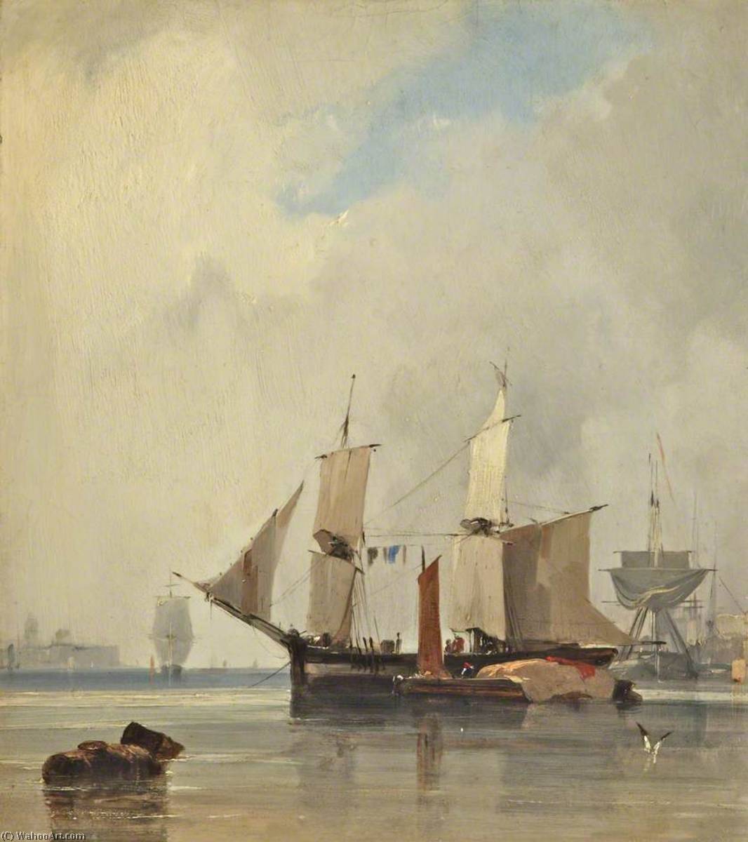 Fishing Boats In A Calm, Ships At Anchor — Richard Parkes Bonington