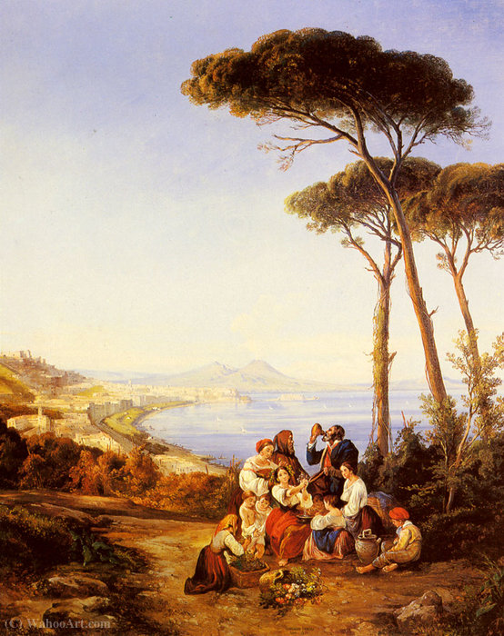 A Group Of Peasants With The Bay Of Naples Beyond — Consalvo Carelli