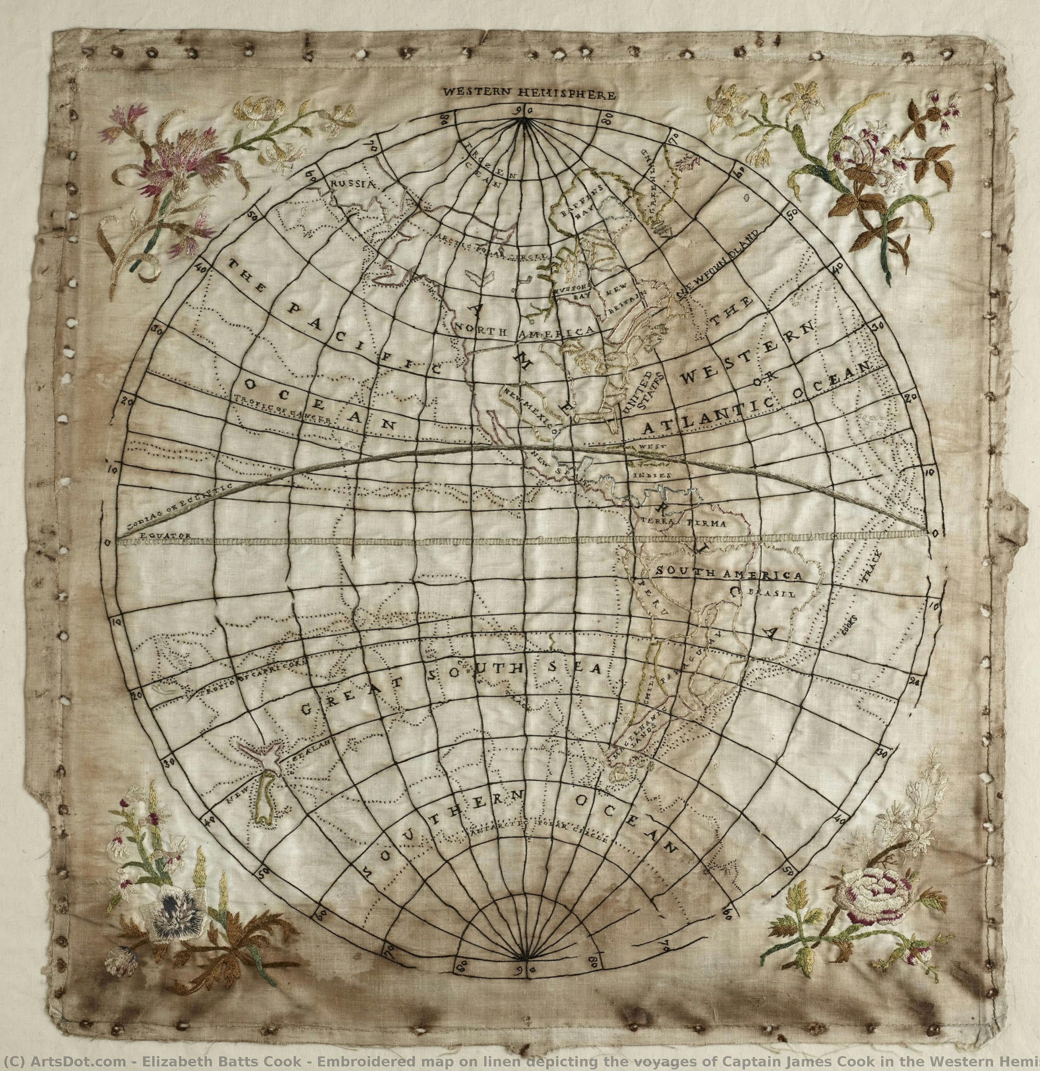 Embroidered Map On Linen Depicting The Voyages Of Captain James Cook In The Western Hemisphere — Elizabeth Cook