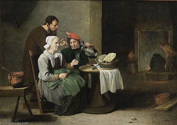 A Peasant Woman And A Young Man Eating And Drinking At A Table — Matheus Van Helmont