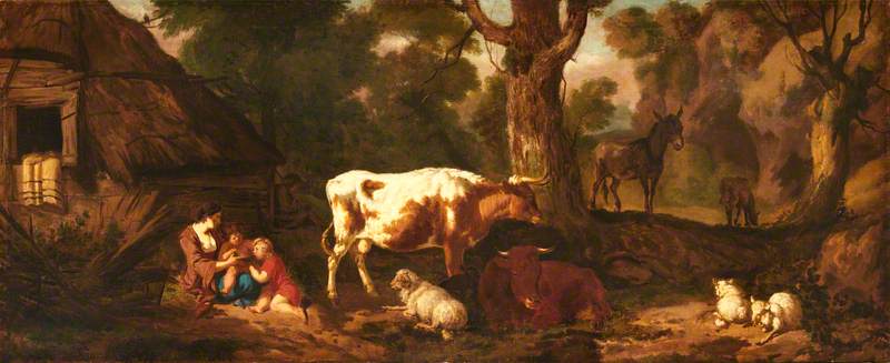 A Mother With Two Children, Two Cows, Sheep, And An Ass, In A Clearing Outside A Cottage — Dirck Van Den Bergen