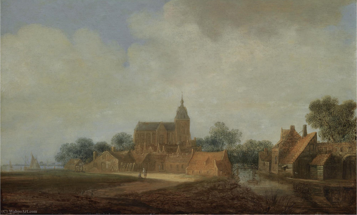 A View Of A Dutch Village With A Church, Figures Conversing On A Path, Shipping Nearby — Wouter Knijff