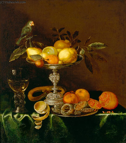Quiet Life With Roman, Silver Tazza, Fruits, Pastries And Bird — Jacob Marrel