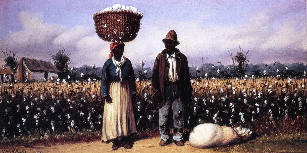 Negro Man And Woman In Cotton Field With Cotton Basket And Cotton Bag — William Aiken Walker