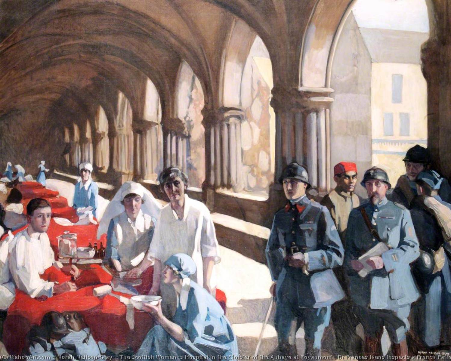 The Scottish Women's Hospital In The Cloister Of The Abbaye At Royaumont, Dr Frances Ivens Inspects A French Patient — Norah Neilson Gray