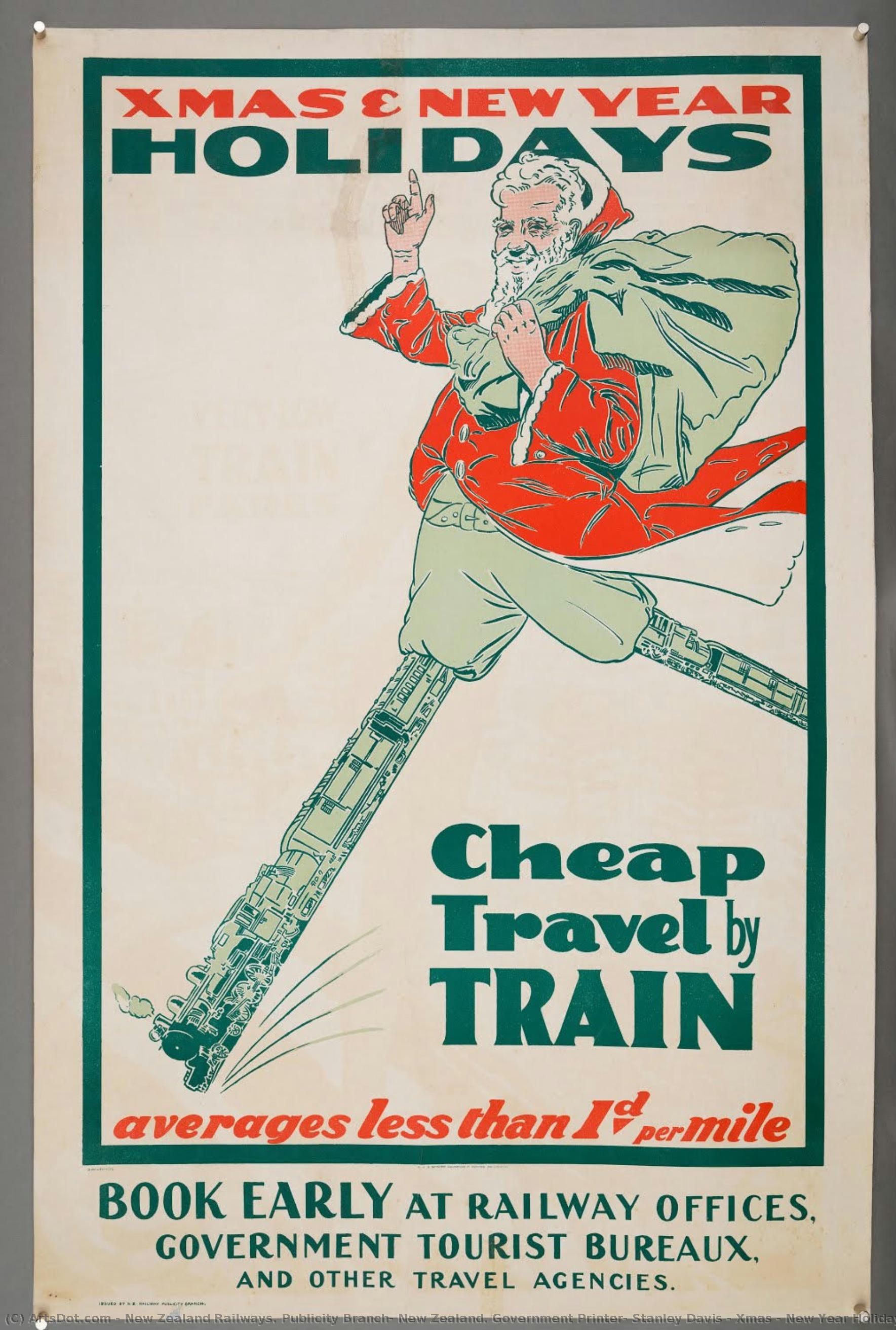 Xmas & New Year Holidays Cheap Travel By Train — New Zealand Railways. Publicity Branch, New Zealand. Government Printer, Stanley Davis
