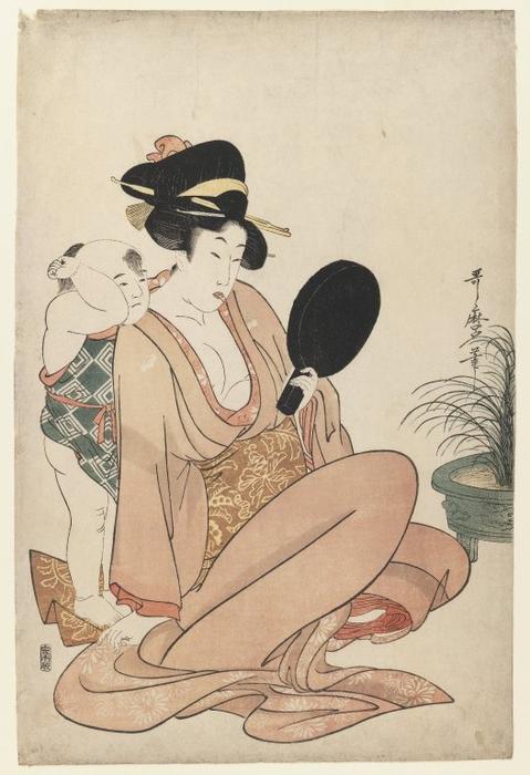 Mother And Child Gazing At A Hand Mirror — Kitagawa Utamaro