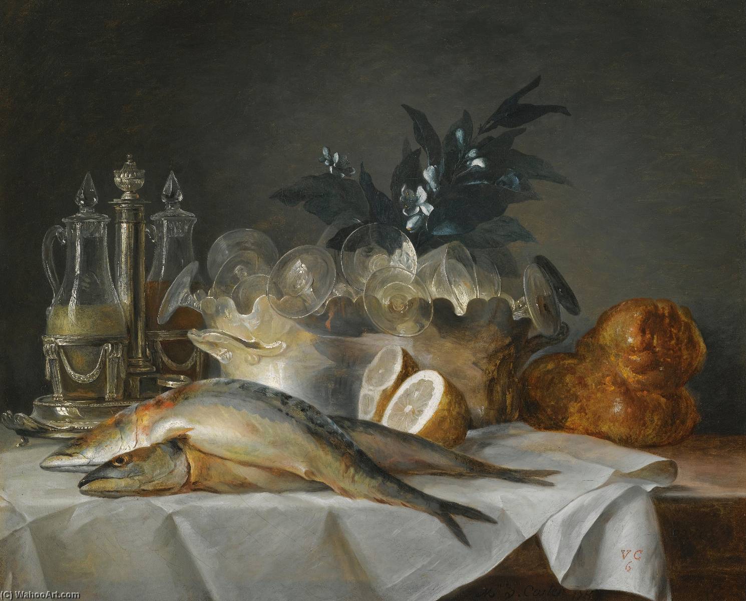 A Still Life Of Mackerel, Glassware, A Loaf Of Bread And Lemons On A Table With A White Cloth — Anne Vallayer-coster