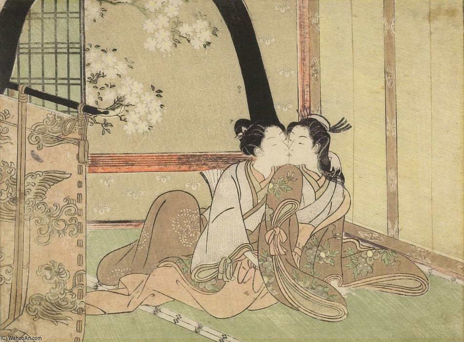 Women Embracing In A Green House — Suzuki Harunobu