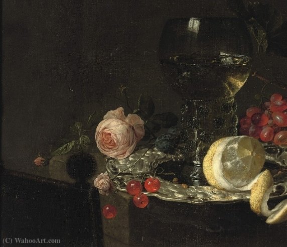 A 'roemer' With White Wine, A Partially Peeled Lemon, Cherries And Other Fruit On A Silver Plate With A Rose And Grapes On A Stone Ledge — Simon Luttichuijs