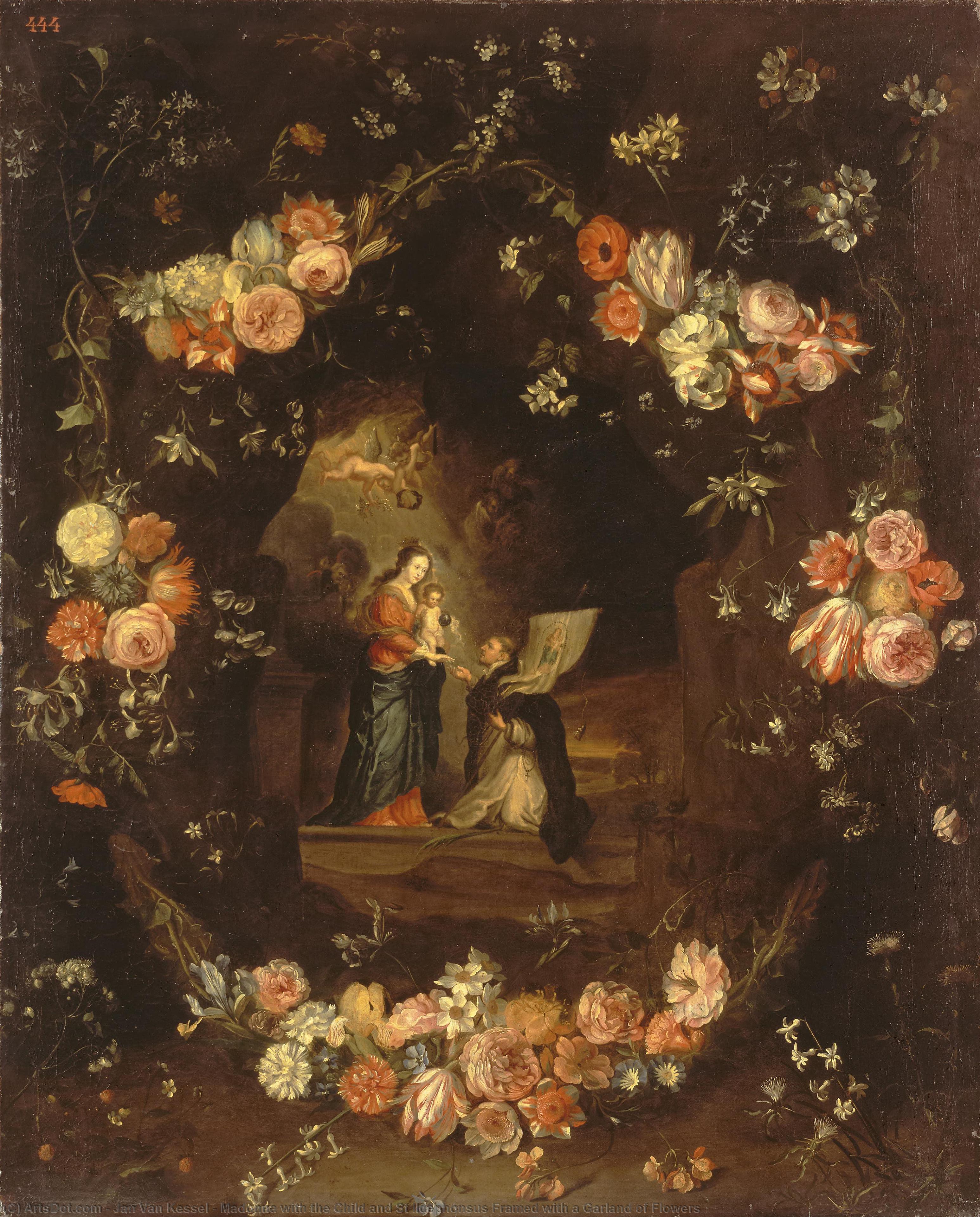 Madonna With The Child And St Ildephonsus Framed With A Garland Of Flowers — Jan Van Kessel