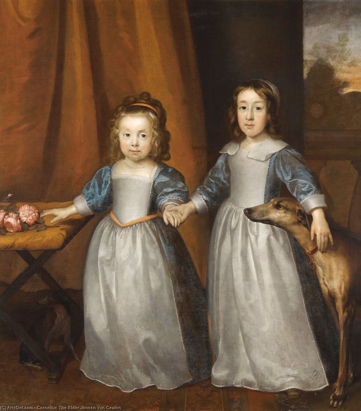 Portrait Of Two Young Girls On A Terrace With Two Hounds And A Landscape Beyond — Cornelius Der Ältere Jonson Van Ceulen