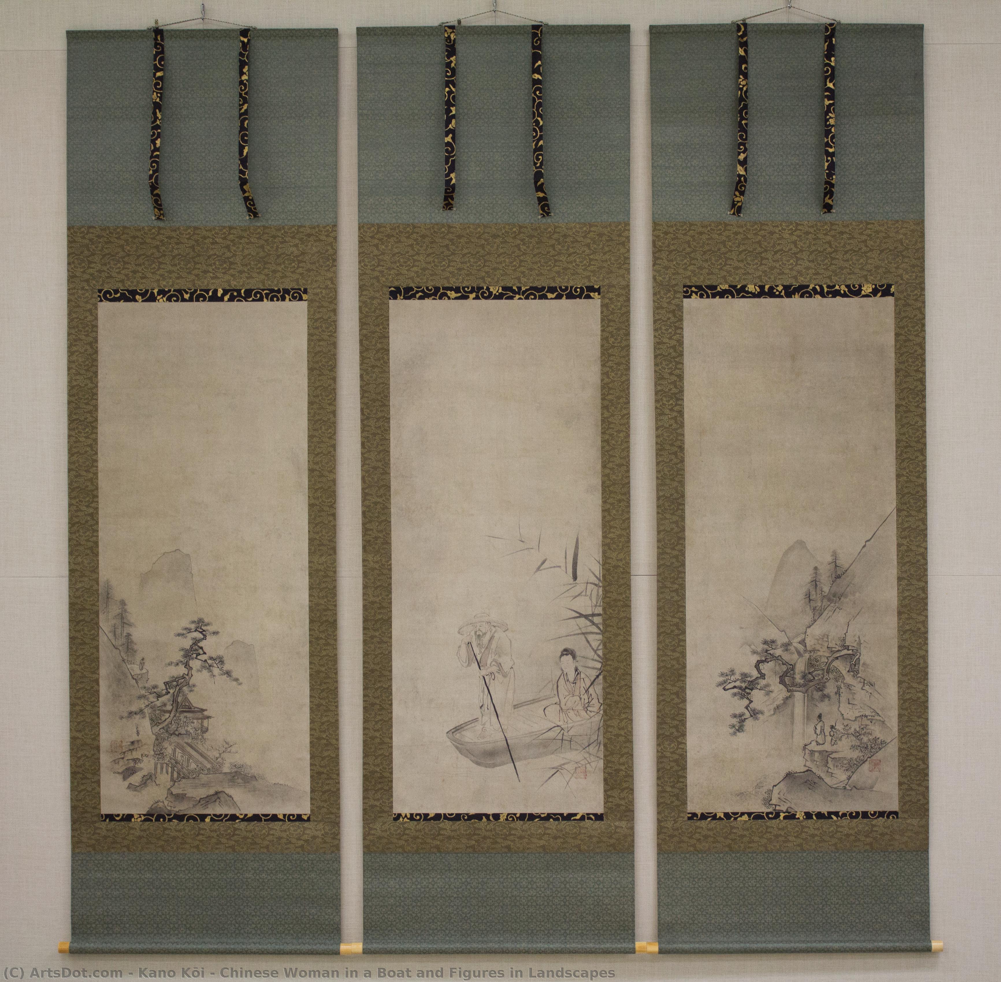 Chinese Woman In A Boat And Figures In Landscapes — Kanō Kōi