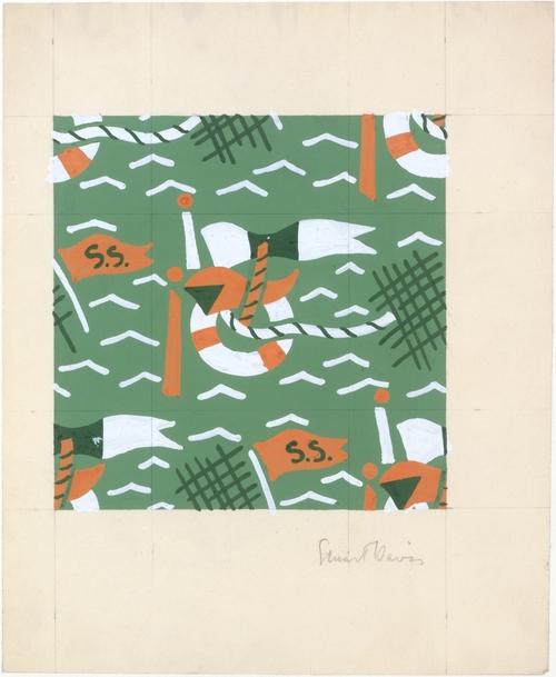 Fabric Design, Nautical Motif With Pennants, Life Preservers, And Rope — Stuart Davis