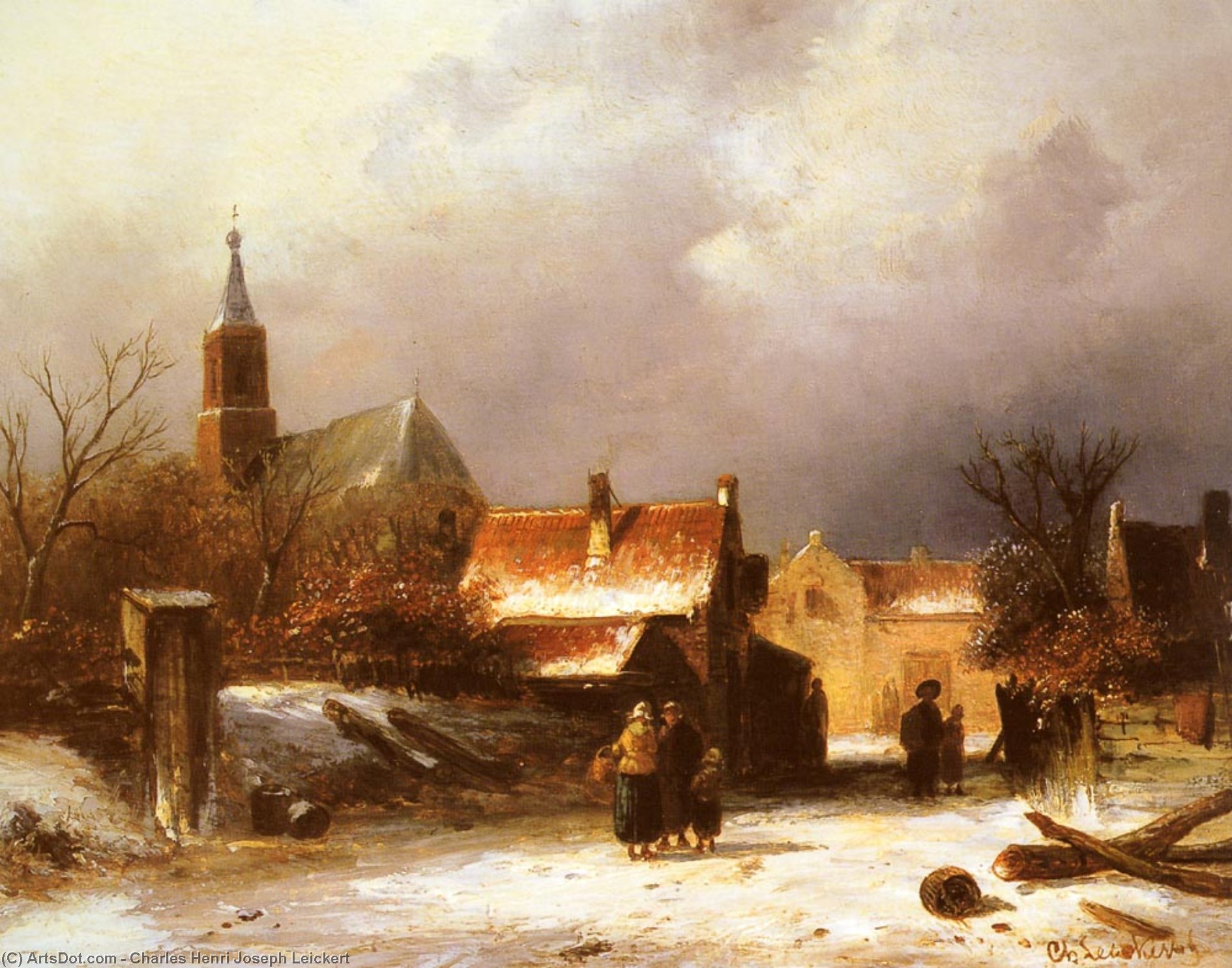 Figures On A Snow Covered Path With A Dutch Town Beyond — Charles Henri Joseph Leickert