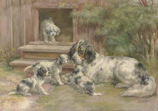 A Setter And Her Puppies Outside A Kennel — Edmund Henry Osthaus