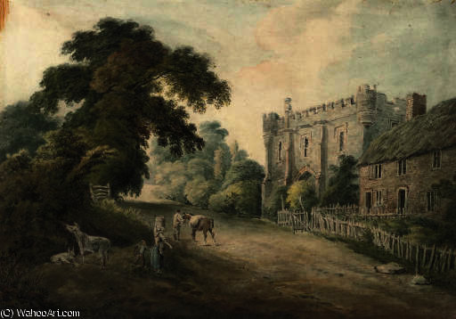 Rustic Figures Before A Gate Tower — Hugh William Williams