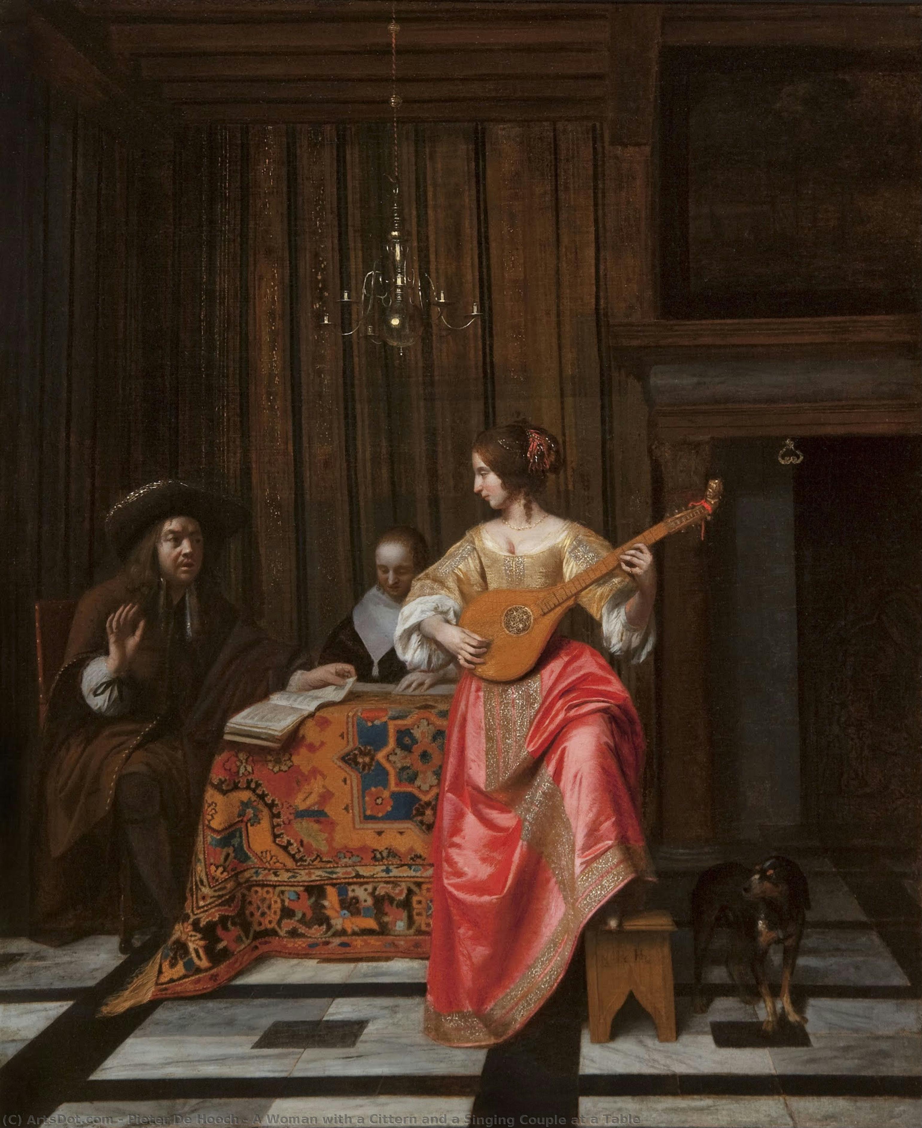 Una Mujer Con Un Cittern Y Un Trío Cantando En Una Mesa — Pieter De Hooch