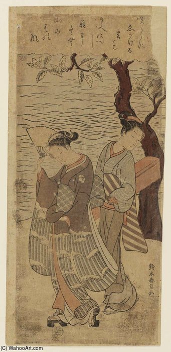 Geisha And Attendant On Riverbank — Suzuki Harunobu