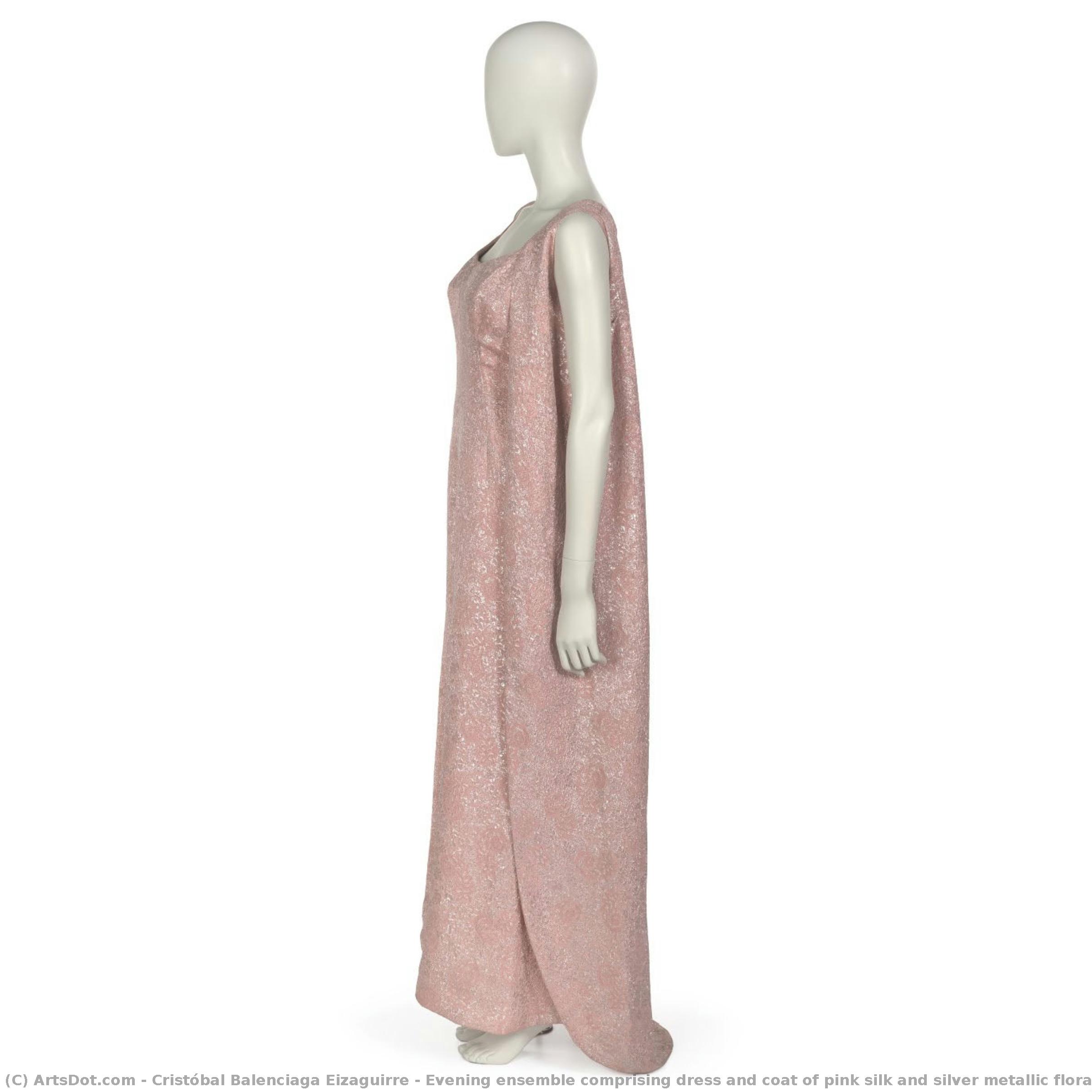 Evening Ensemble Comprising Dress And Coat Of Pink Silk And Silver Metallic Floral Brocade — Cristóbal Balenciaga Eizaguirre